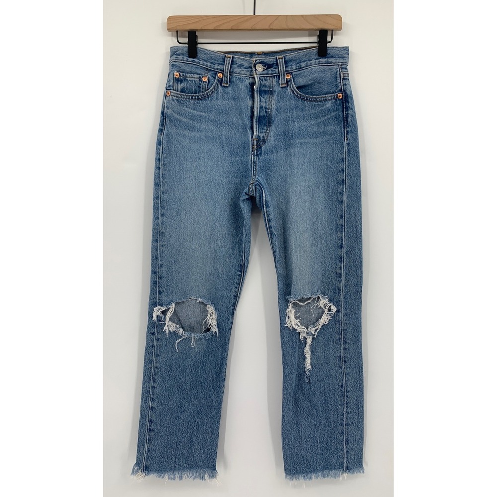 Levis Wedgie Straight Jeans Womens 26 Blue Distressed Raw Hem High Rise Denim